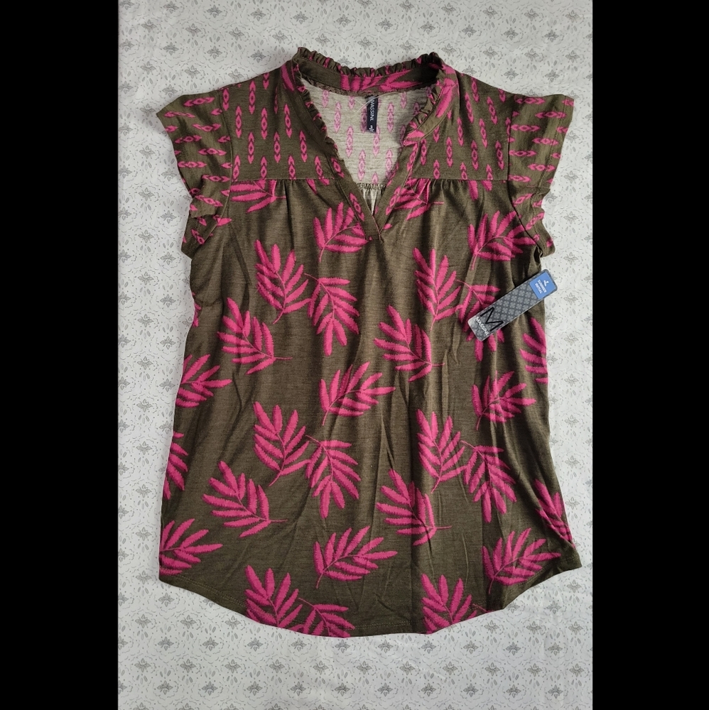 Massini Olive Green Top with Hot Pink Leaf Print